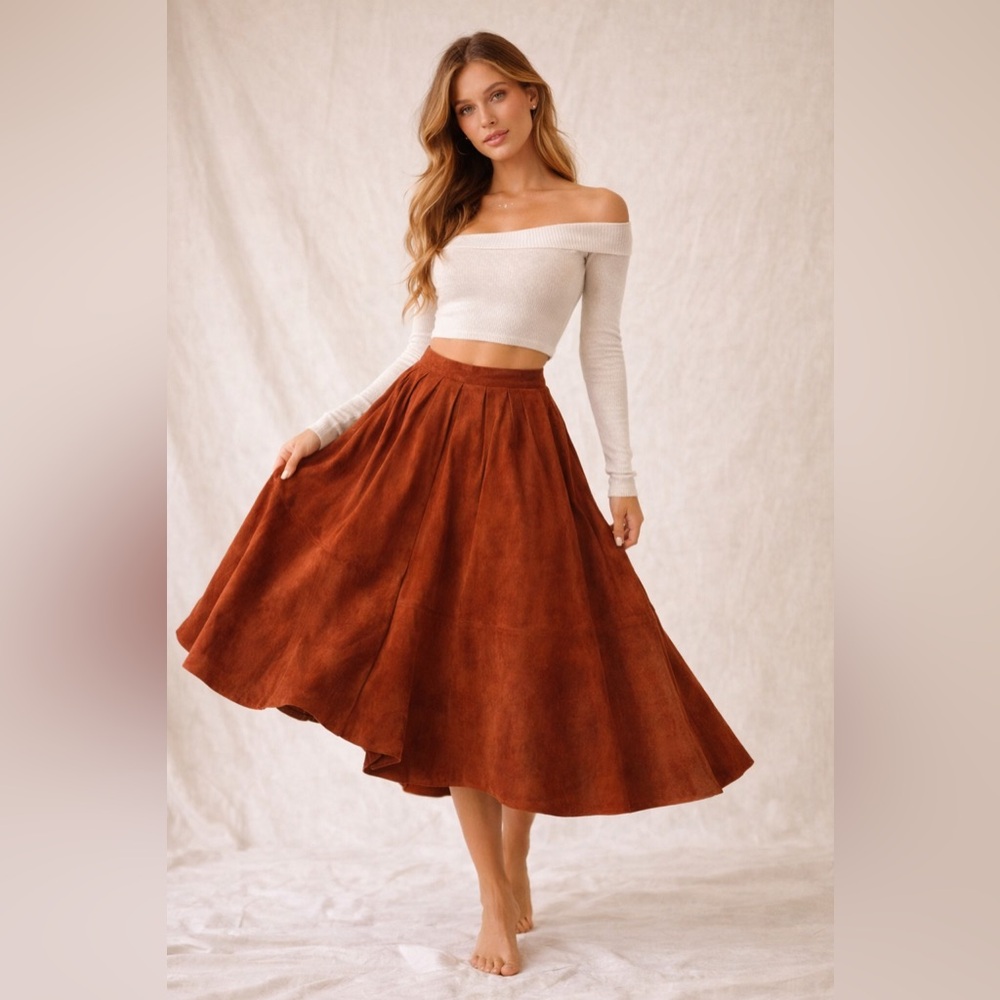 Vintage West Bay Suede Skirt | Rust Brown Leather | Boho Midi